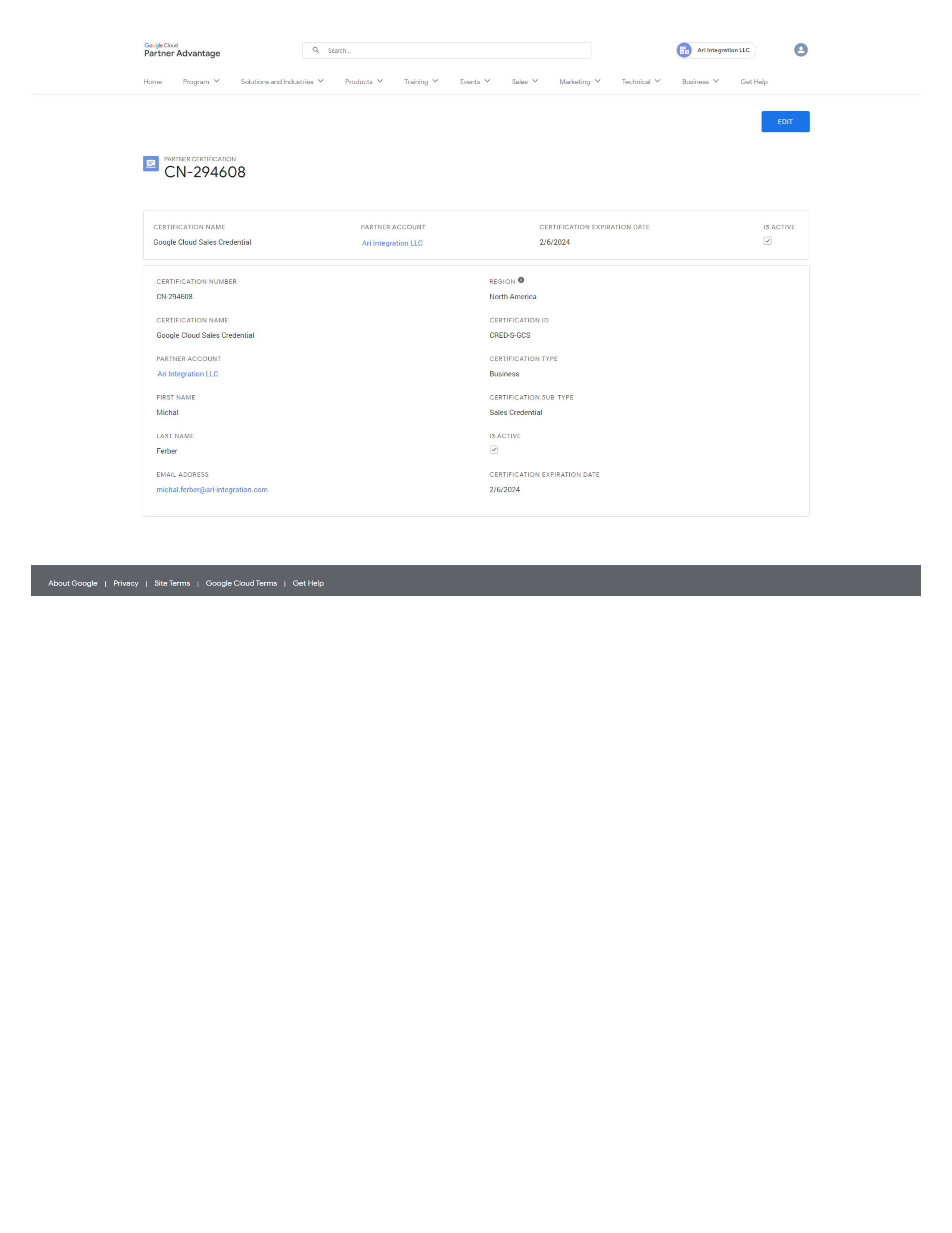Google Cloud Sales Credential